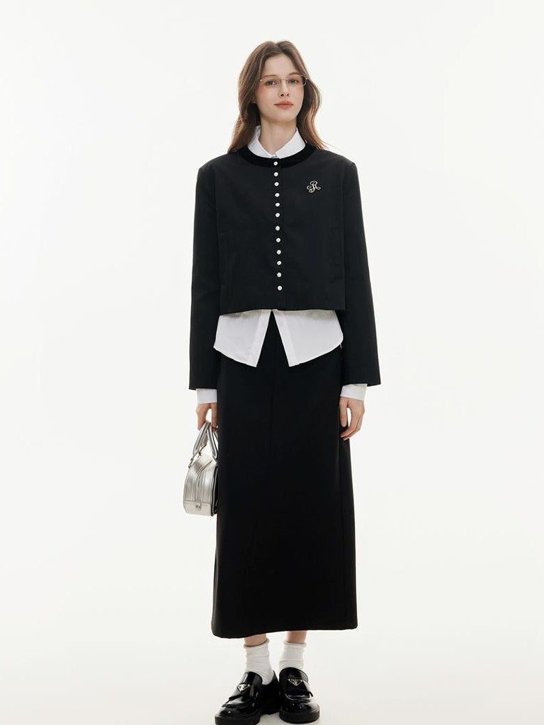 ikyou High Waist Embroidered A Line Casual Commuter Black Polyester Midi Skirts