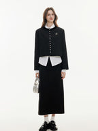 ikyou High Waist Embroidered A Line Casual Commuter Black Polyester Midi Skirts