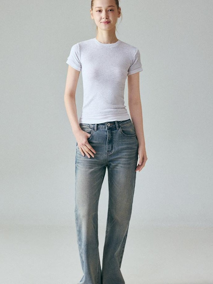 fano Vintage Blue Green Micro Stretch Natural Waist Relaxed Casual Straight Leg Jeans