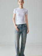 fano Vintage Blue Green Micro Stretch Natural Waist Relaxed Casual Straight Leg Jeans