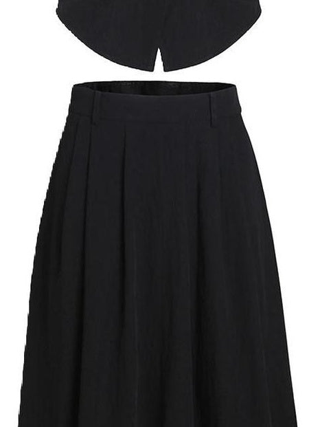 fano Sleek Black V-neck Button Short Sleeve Two Piece Chic Women Top & Skirt Sets
