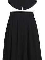 fano Sleek Black V-neck Button Short Sleeve Two Piece Chic Women Top & Skirt Sets