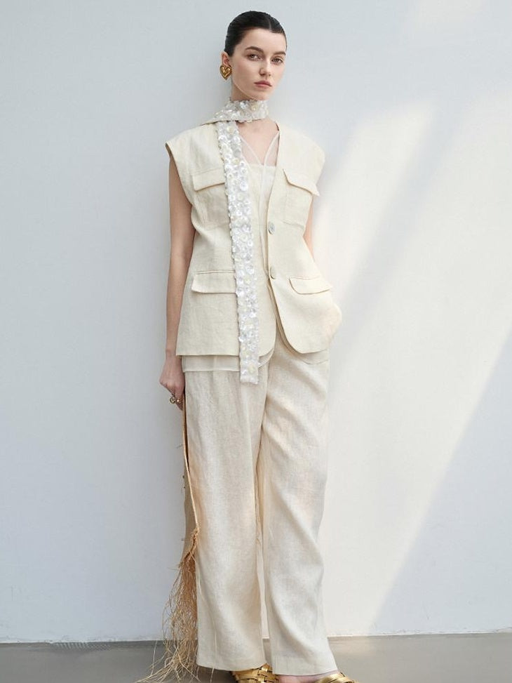 audreyyang Light Cream Linen V-neck Button Vest With Long Pants Women Top & Pants Sets