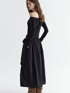 fano Viscose Blend Asymmetric Neck A Line Long Sleeve Workwear Women Maxi Dresses