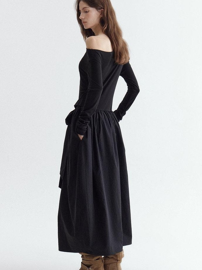 fano Viscose Blend Asymmetric Neck A Line Long Sleeve Workwear Women Maxi Dresses