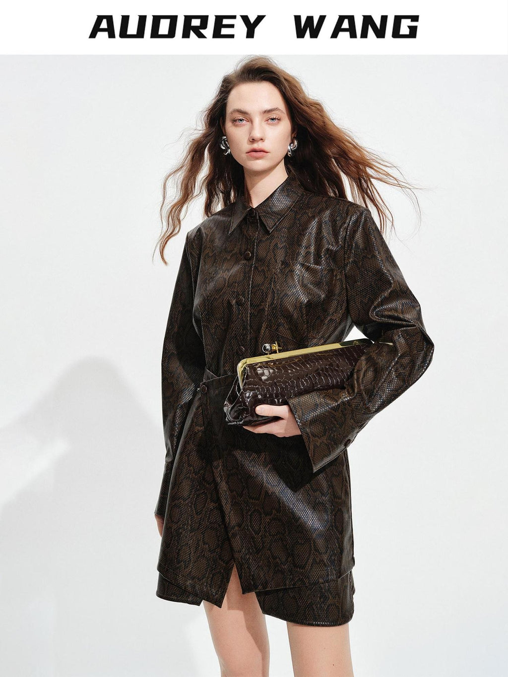 audreyyang Detachable Vintage Snake Print Pu Midlength Relaxed Womens Lapel Leather Jackets