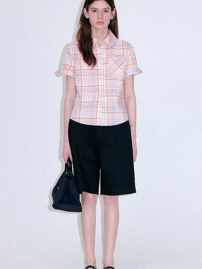 fano Uv Protection Plaid Stand Collar Short Sleeve Straight Fit Korean Shirts
