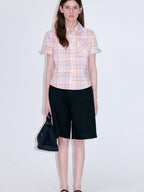 fano Uv Protection Plaid Stand Collar Short Sleeve Straight Fit Korean Shirts