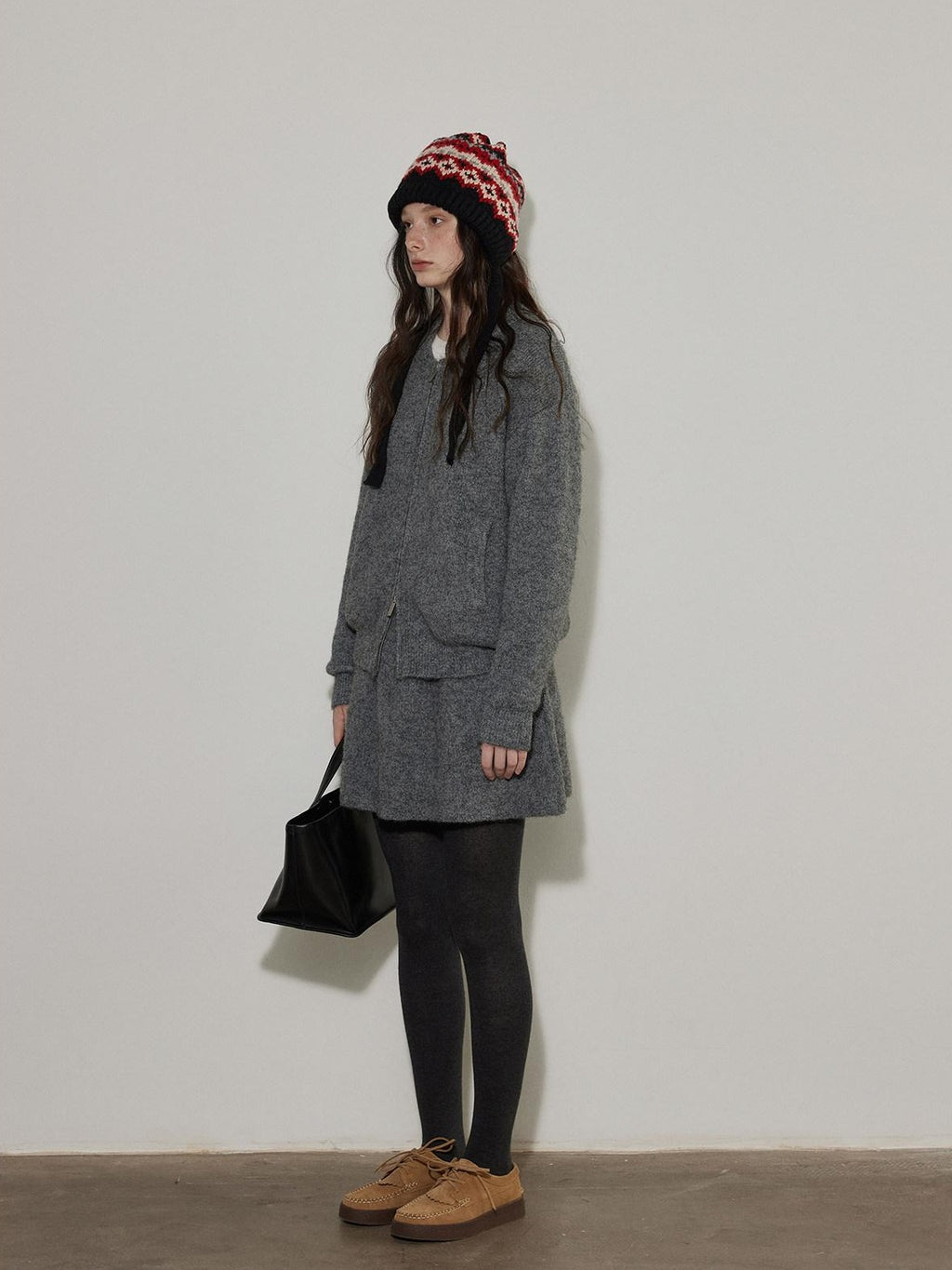 Lofi choose Knit Wool Blend Zip Cardigan Loose Fit Office Gray Short Skirt Top & Skirt Sets