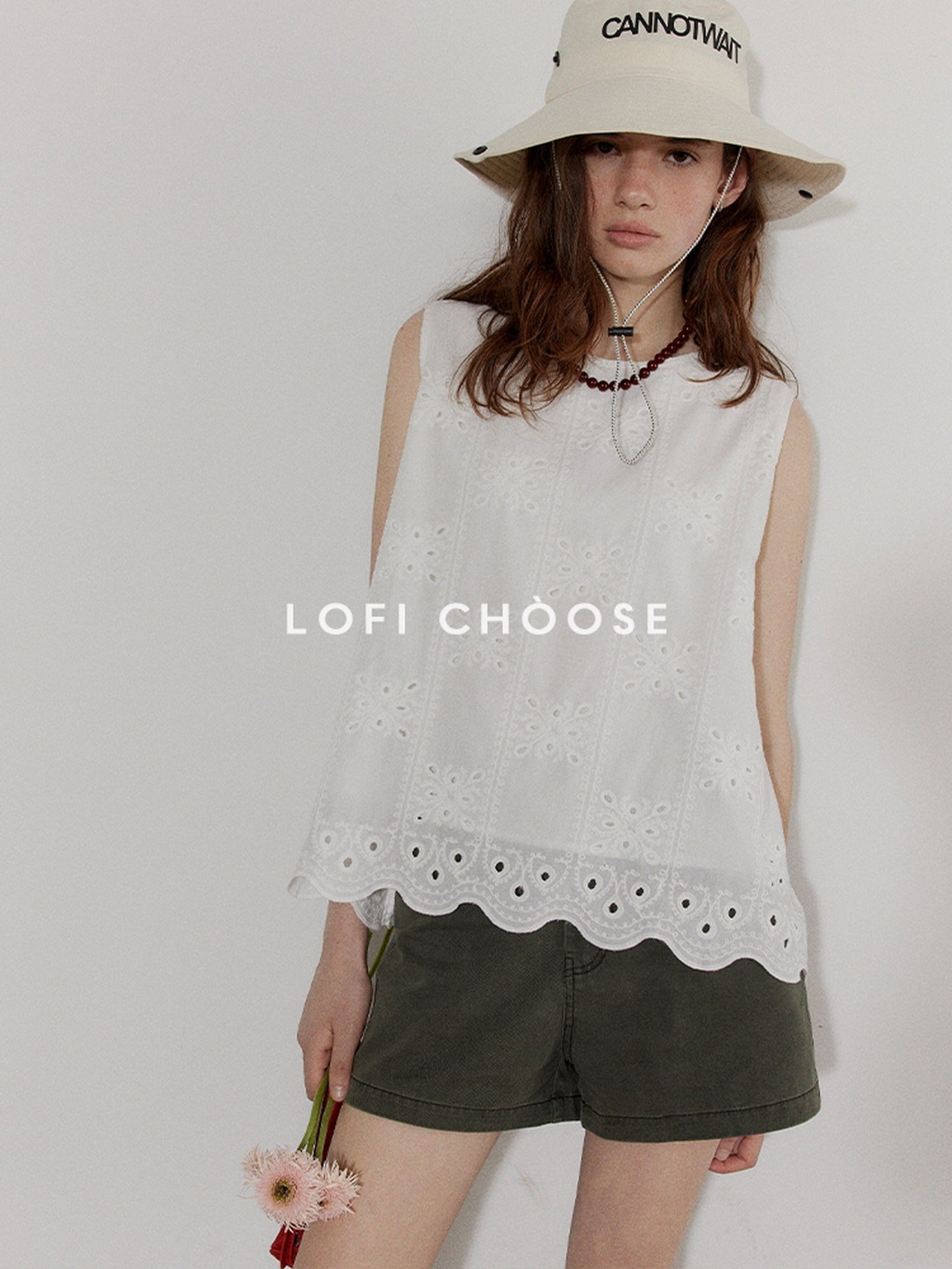 Lofi choose Breathable Pure Cotton Embroidered Loose Fit Commuter Women White Tank Tops