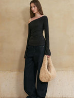 someonesometimes Colorblock Charcoal Pink Asymmetrical Knit Loose Viscose Off Shoulder Crop Tops