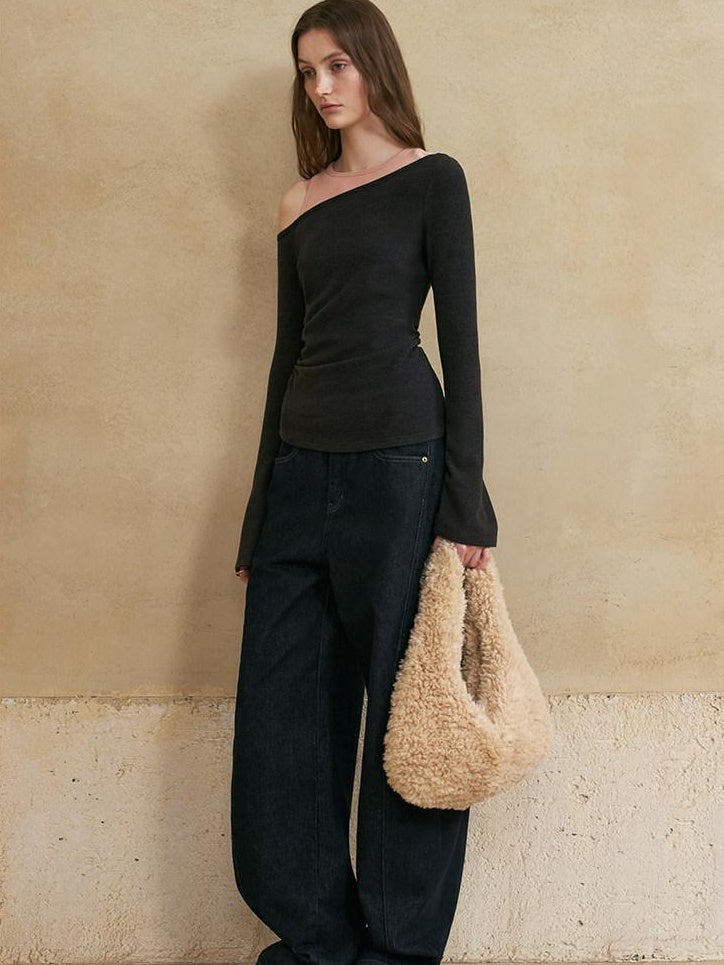 someonesometimes Colorblock Charcoal Pink Asymmetrical Knit Loose Viscose Off Shoulder Crop Tops