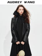 audreyyang Soft Lambskin Vintage Loose Fit Collarless Black Woven Women Leather Jackets
