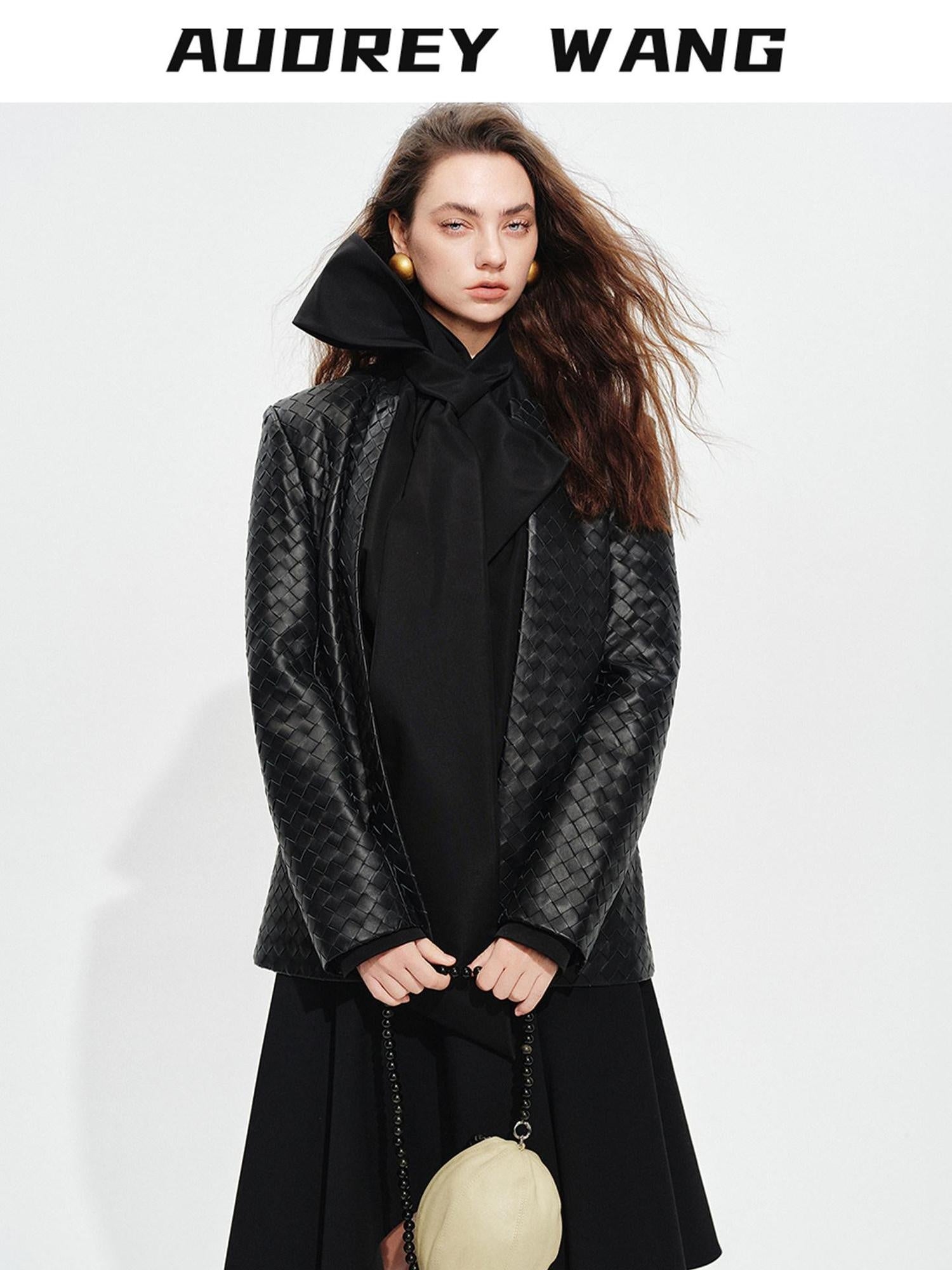 audreyyang Soft Lambskin Vintage Loose Fit Collarless Black Woven Women Leather Jackets