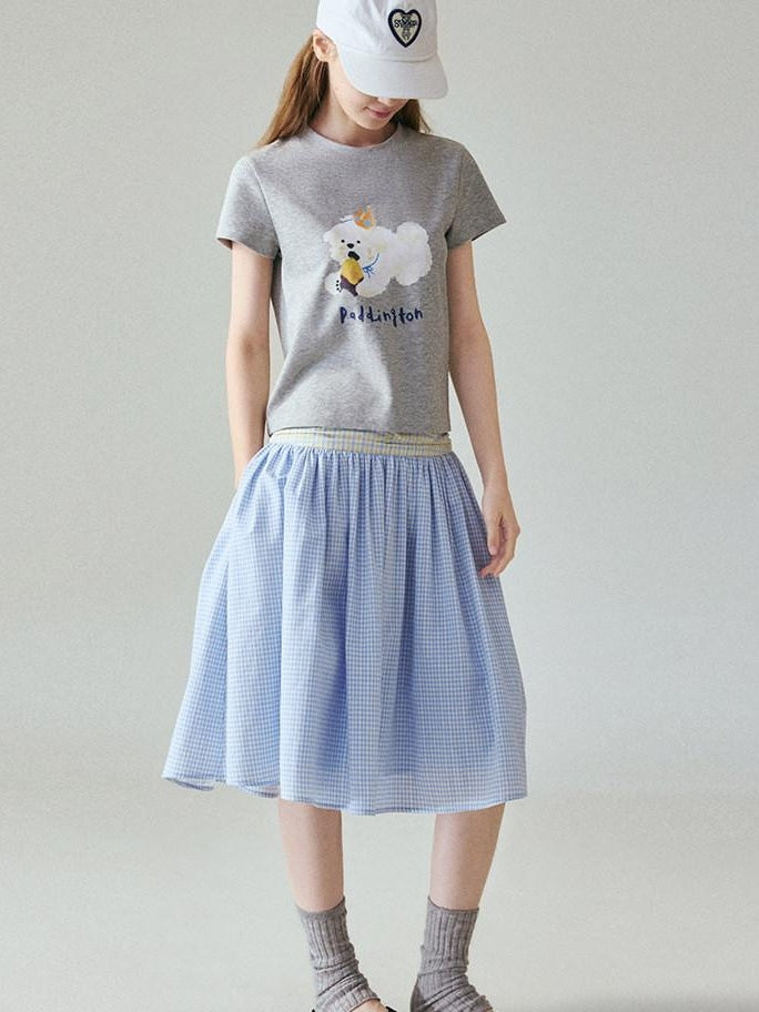 fano Creative Printed Slim Korean Short Sleeve Heather Gray Cotton Basic Crop Tops