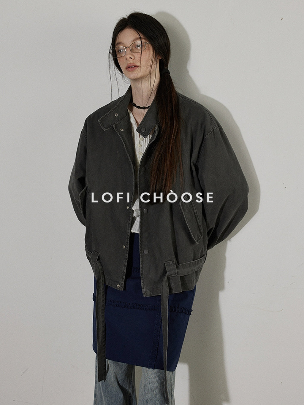 Lofi choose Breathable Drawstring Oversized Commuter Women Button Mud Gray Denim Jackets