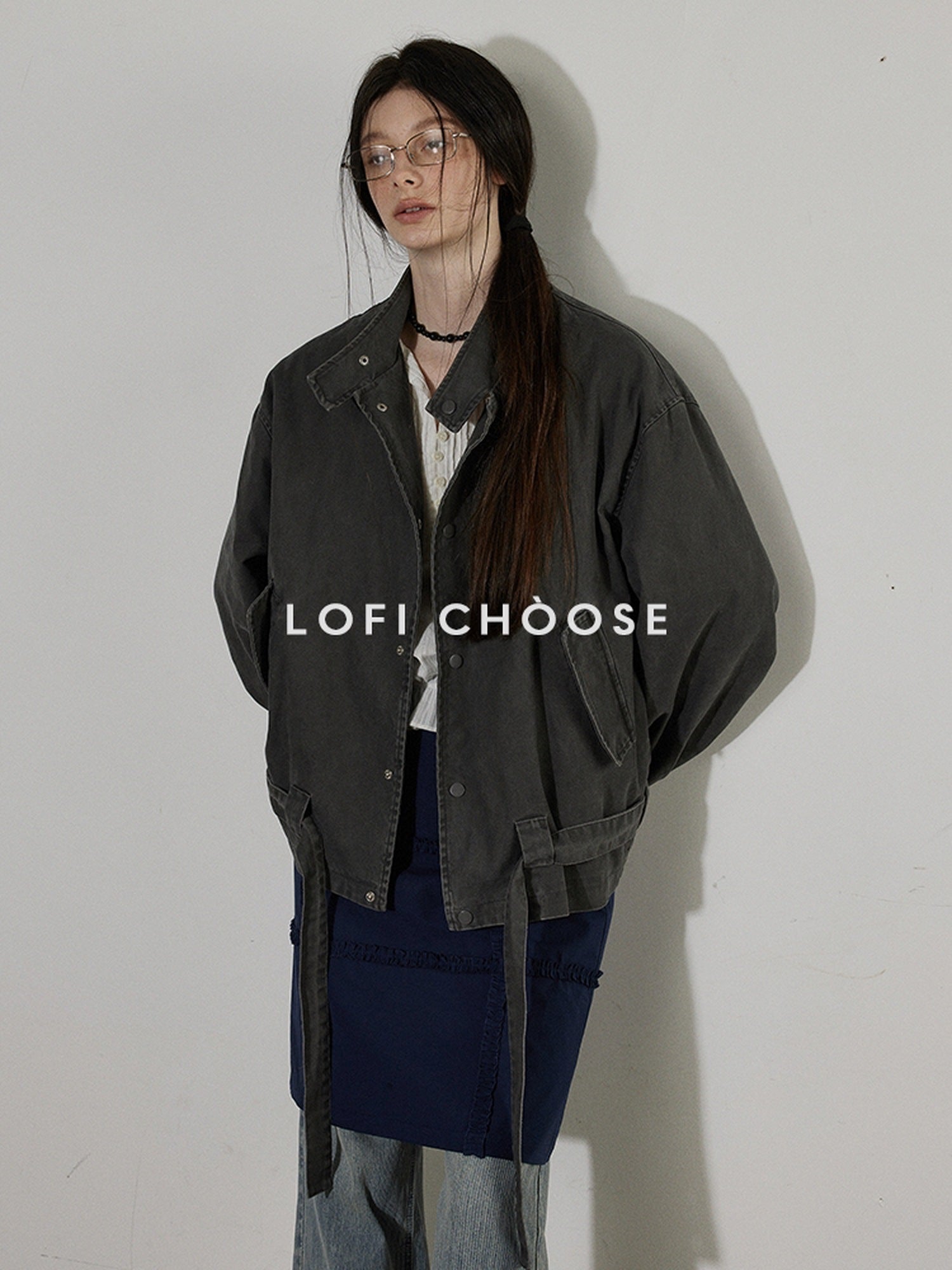 Lofi choose Breathable Drawstring Oversized Commuter Women Button Mud Gray Denim Jackets