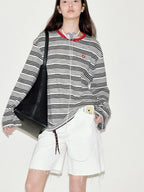 fano Moisture Wicking Casual Loose Patchwork Stripe Black Womens Long Sleeve T-Shirts