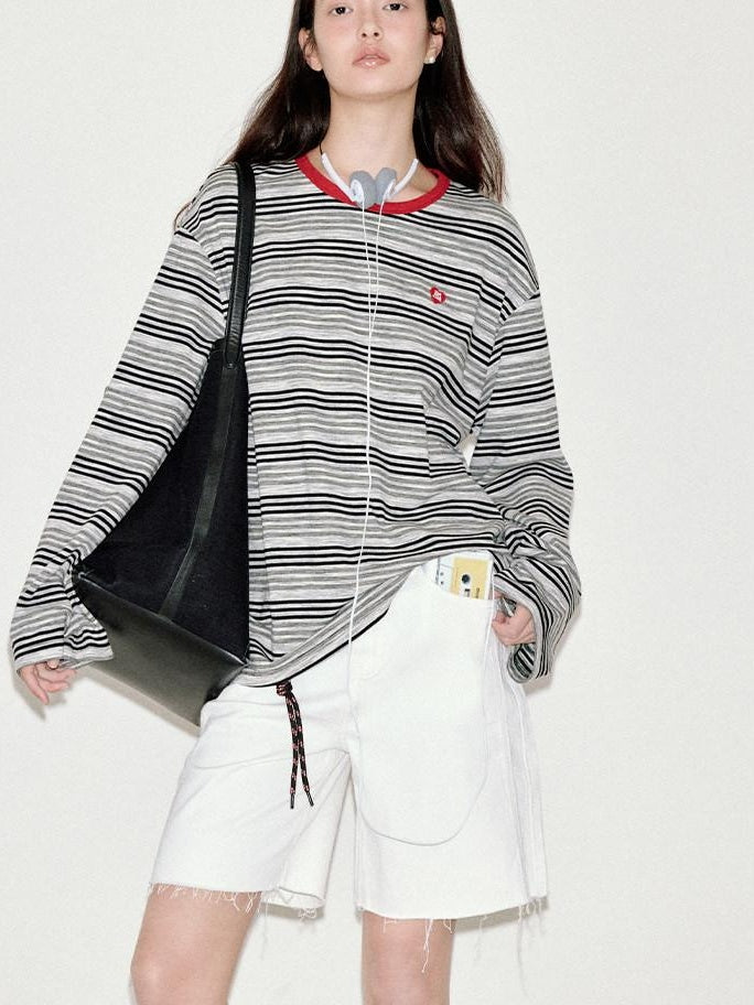 fano Moisture Wicking Casual Loose Patchwork Stripe Black Womens Long Sleeve T-Shirts