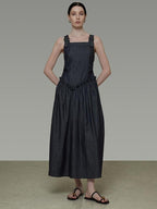 unspoken Minimalist Pleated Cinched Waist Cotton A Line Strap Dress Women Maxi Dresses