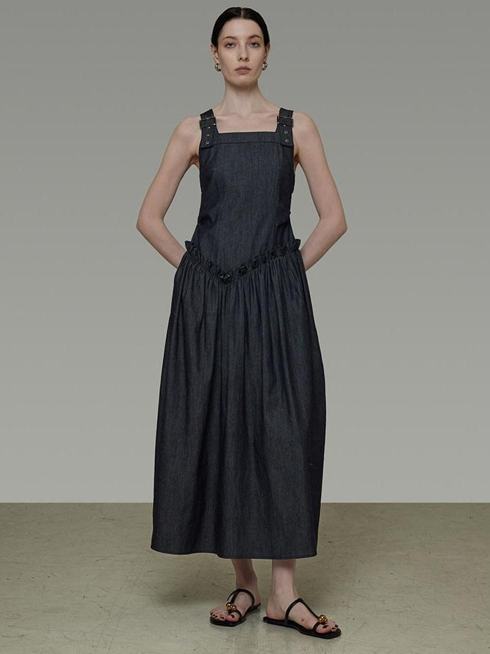 unspoken Minimalist Pleated Cinched Waist Cotton A Line Strap Dress Women Maxi Dresses