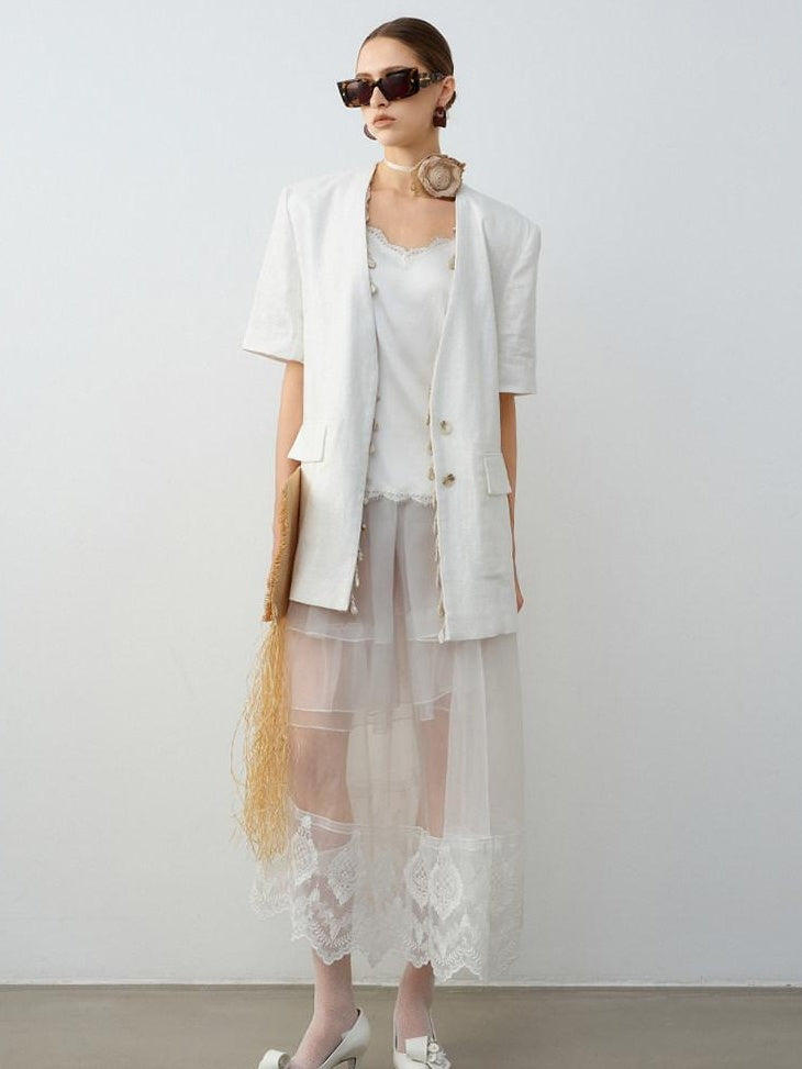 audreyyang Breathable Linen Short Sleeve Minimalist Back Vent Casual Womens Blazers
