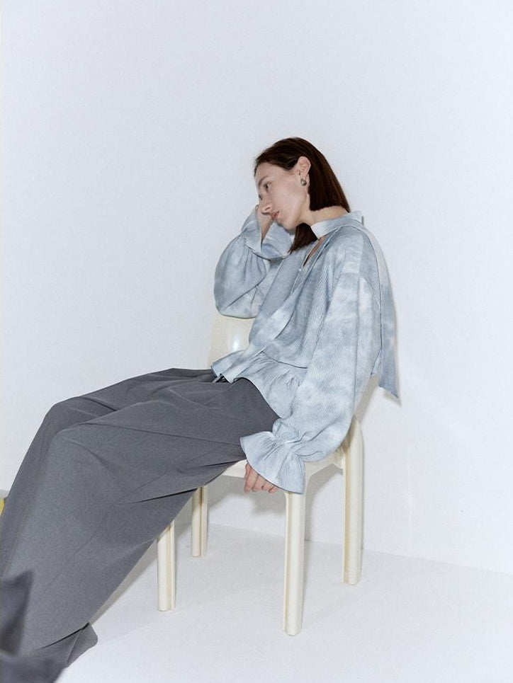 someone sometimes Glacier Blue Polyester V-neck Long Bell Sleeve Loose Fit Office Work Blouses