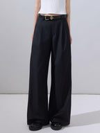 ikyou High Waist Straight Zipper Cotton Blend Commuter Black Wide Leg Pants