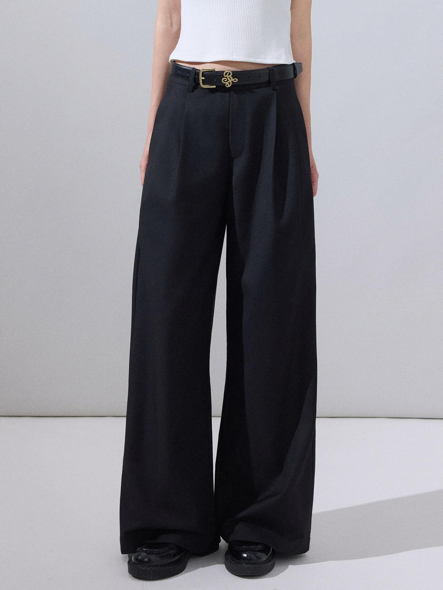 ikyou High Waist Straight Zipper Cotton Blend Commuter Black Wide Leg Pants