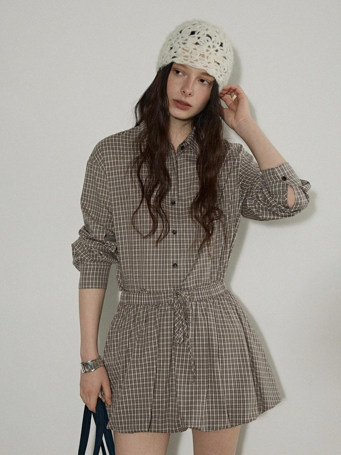 Lofi choose Comfortable Loose Plaid Button Collar Long Sleeve Women Workwear Midi Dresses
