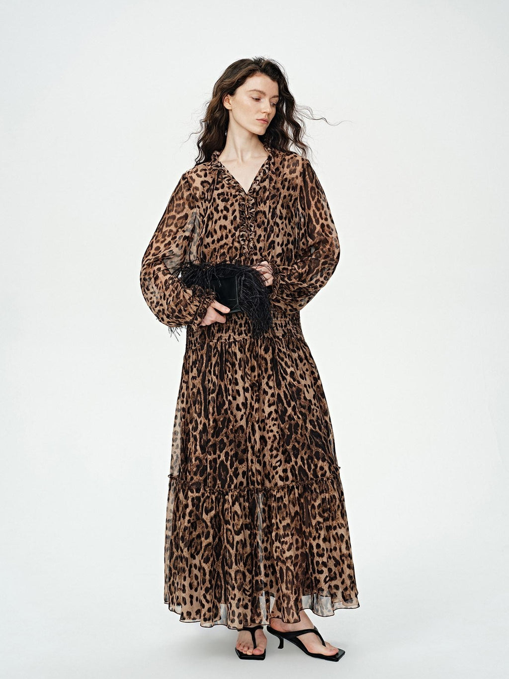 audreyyang Silk Blend Leopard Print A Line Fitted Waist Long Sleeve Vacation Maxi Dresses