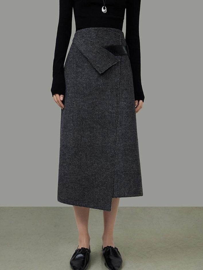 unspoken Wool Blend Lined Asymmetric Aline Mid Waist Minimal Workwear Women Midi Skirts