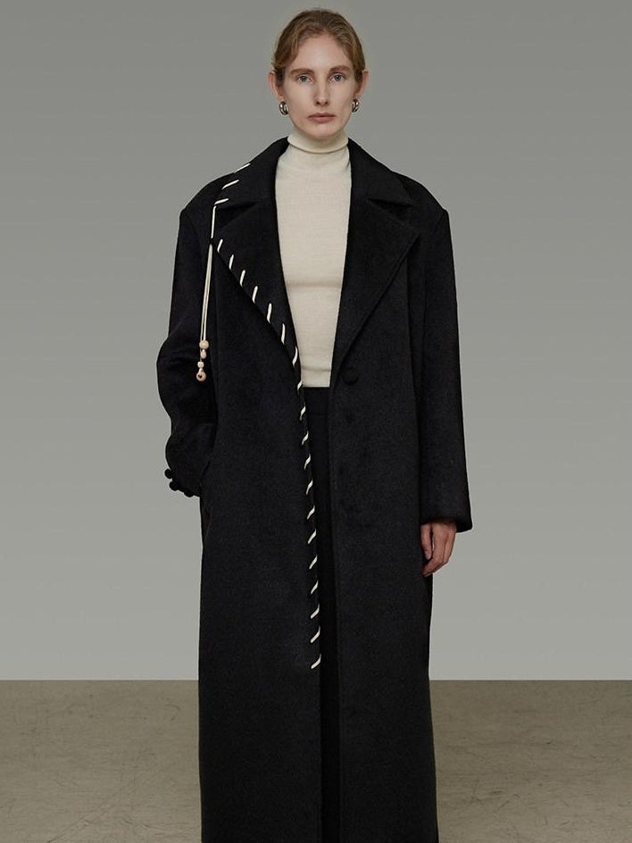 unspoken Sheep Wool Blend 3D Cut Straight Office Black Lapel Long Sleeve Long Coats