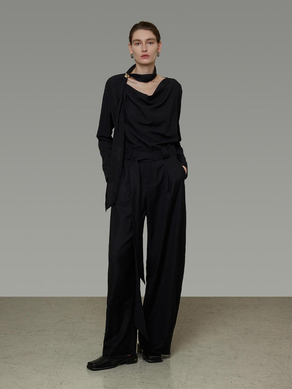 unspoken Breathable Minimalist Loose Fit Ribbon V-neck Office Women Solid Black Blouses