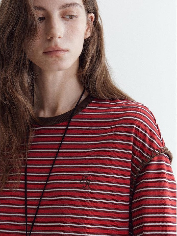 fano Comfort Cotton Stretch Striped Korean Loose Fit Women Long Sleeve T-Shirts