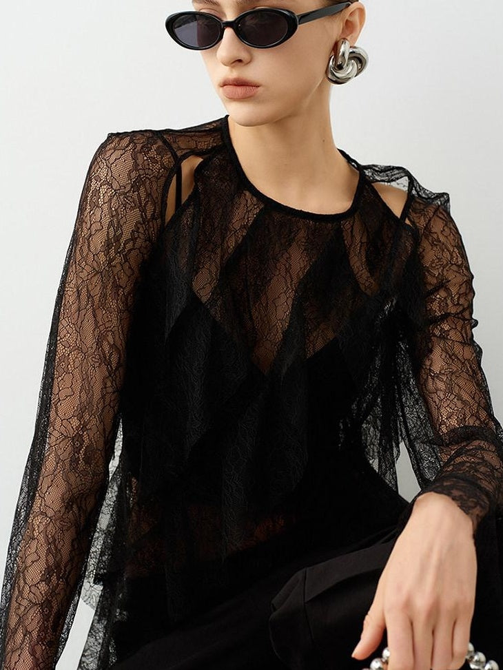 audreyyang Lightweight French Loose Fit Round Neck Solid Color Nylon Long Sleeve T-Shirts
