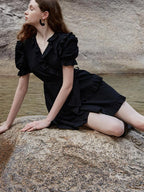 fano High Waist Tie A Line Cotton V-neck Puff Sleeves Casual Work Women Midi Dresses