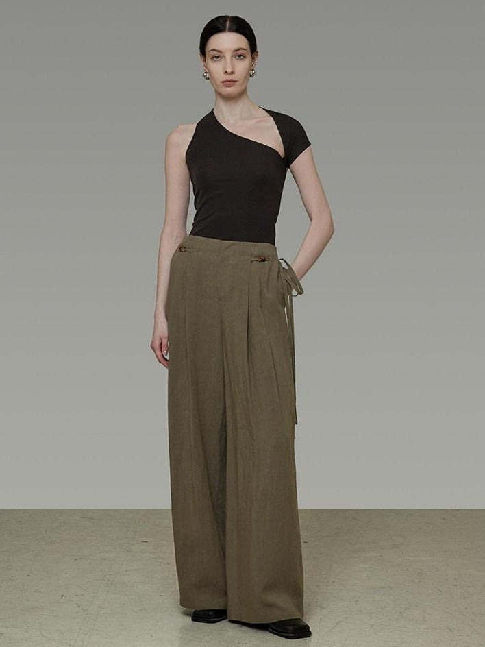 unspoken Soft Lyocell Asymmetric Neck Fitted Stone Green Off Shoulder Crop Tops