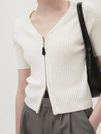 fano Soft Minimalist V-neck Cropped Short Sleeve White Polyester Blend Cardigans