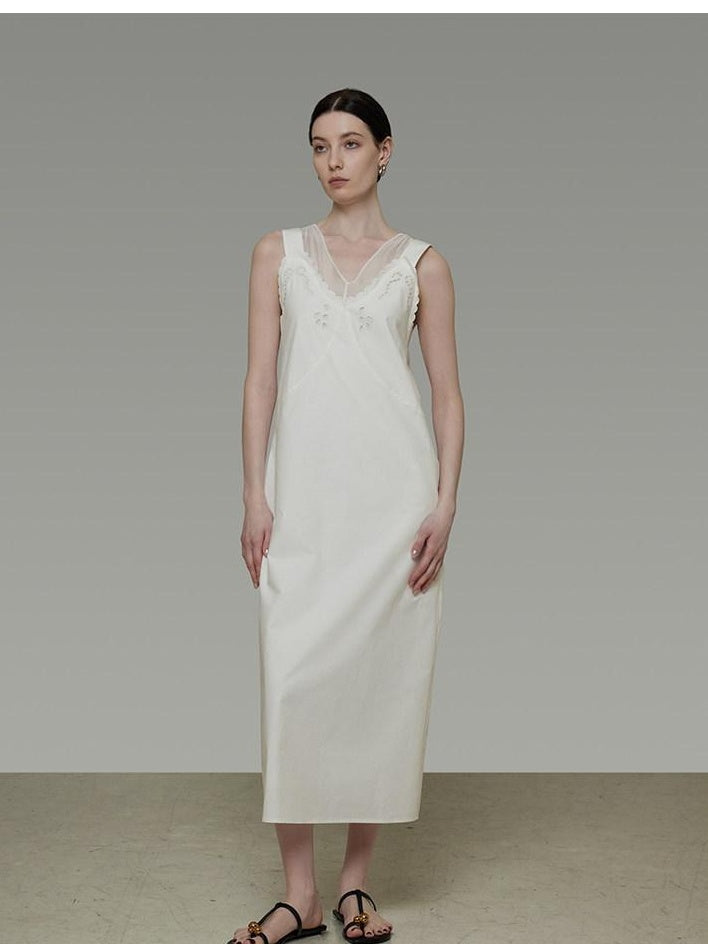 unspoken Soft 100 Percent Cotton Crochet V-neck Sleeveless Office White Maxi Dresses