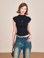 ikyou 3D Embellished Slim Fit Mock Neck Commuter Cotton Short Sleeve T-Shirts