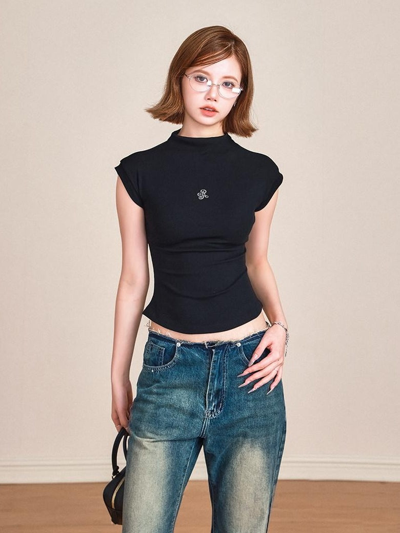 ikyou 3D Embellished Slim Fit Mock Neck Commuter Cotton Short Sleeve T-Shirts