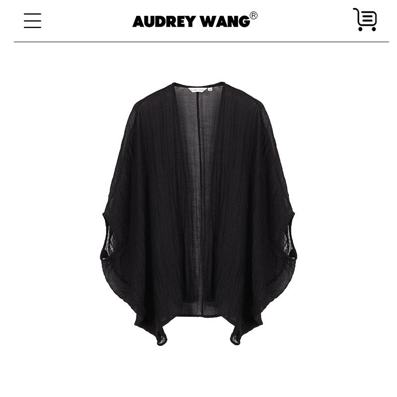 audreyyang_Light_Hemp_Knit_Relaxed_Batwing_V-neck_Women_Black_Open_Front_Cardigans_MISSTT