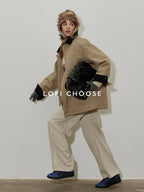 Lofi choose 100 Percent Cotton Khaki Loose Fit Lapel Button Pocket Workwear Long Coats