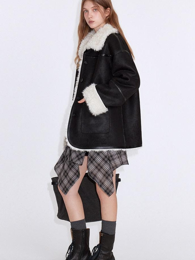 fano Contrast Color Trim Casual Loose Fit Lapel Collar Women Daily Black Short Coat