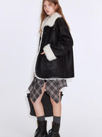 fano Contrast Color Trim Casual Loose Fit Lapel Collar Women Daily Black Short Coat