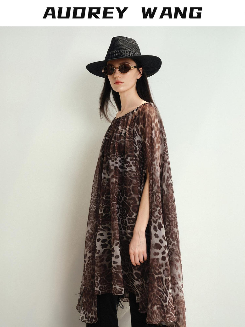 audreyyang Soft Leopard Mesh Off Shoulder A Line Loose Waist Casual Women Midi Dresses