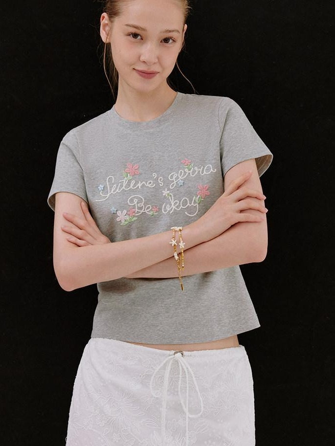 fano Floral Print Slim Fit Korean Workwear Round Neck Cotton Stretch Basic Crop Tops