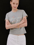 fano Floral Print Slim Fit Korean Workwear Round Neck Cotton Stretch Basic Crop Tops