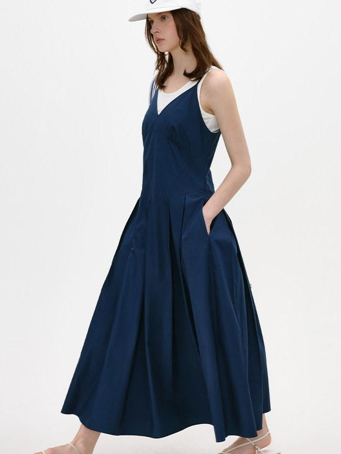 fano Cotton Spaghetti Strap A Line V-neck Office Antique Blue Maxi Dresses